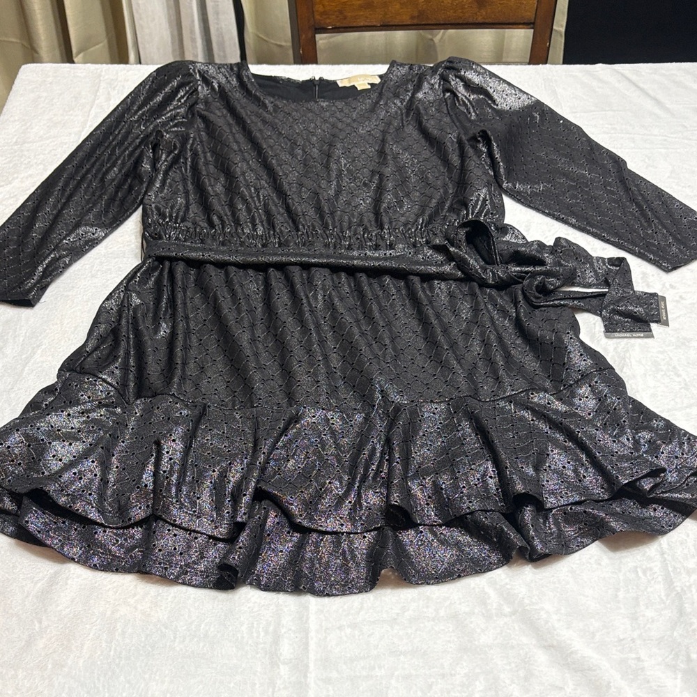 Michael Kors Black Shimmery Midi Dress with Ruffled Hem